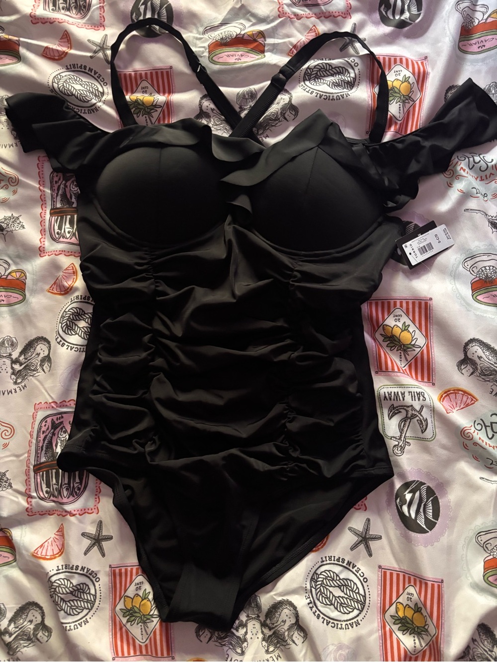 Torrid Black One-Piece Swimsuit with Ruffle Drop Shoulders